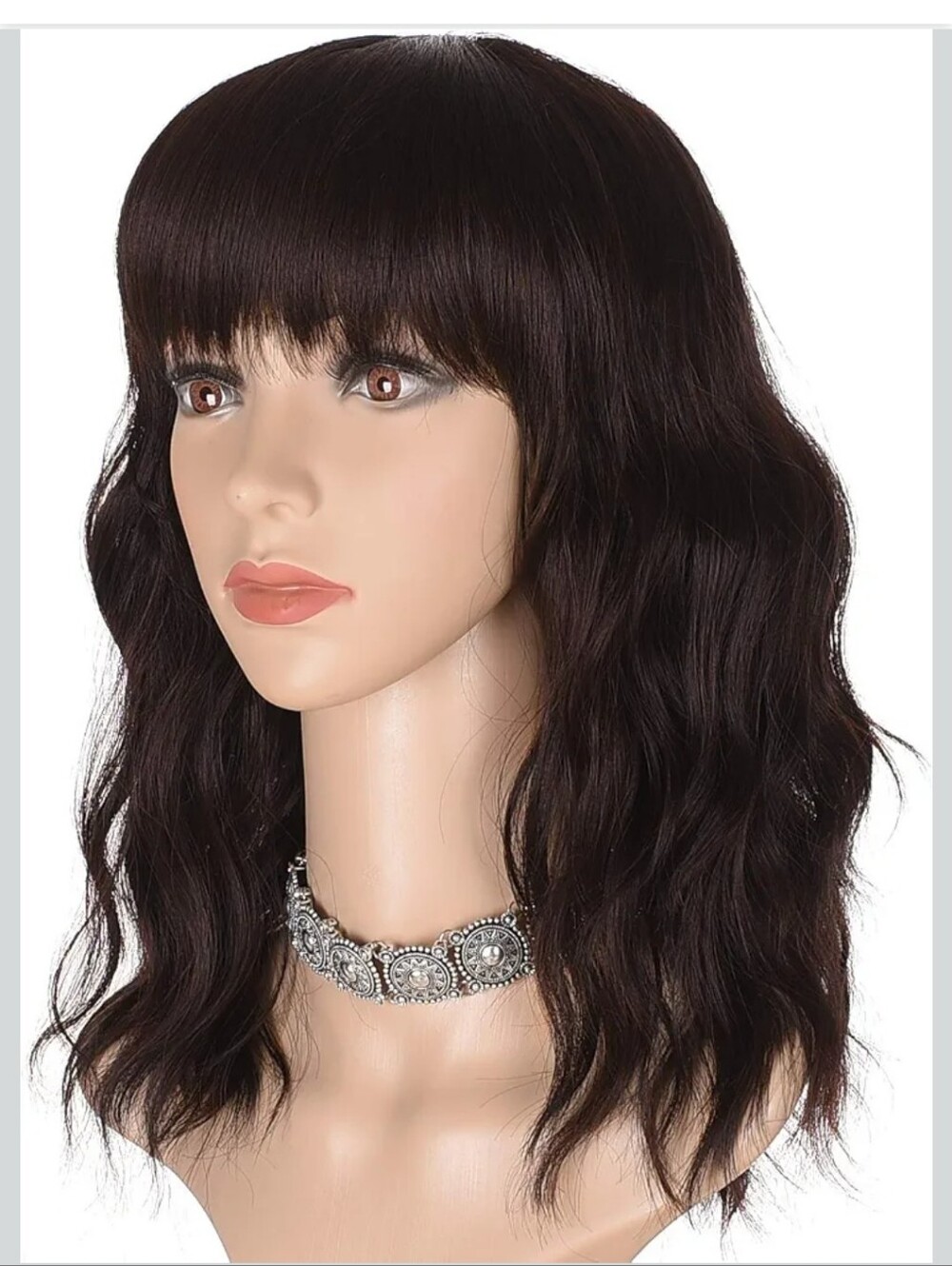 Morvally Short Dark Brown Wavy Bob Wig with Bangs 16" Synthetic Heat Resistant
